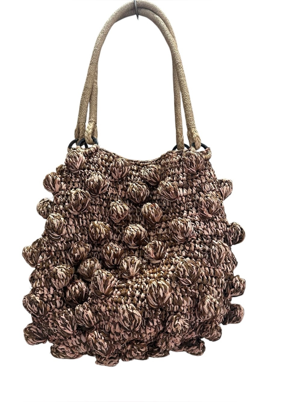Sans Arcidet Paris Brown Handmade Raffia Tote Bag Double Strap Handles Pom Poms
